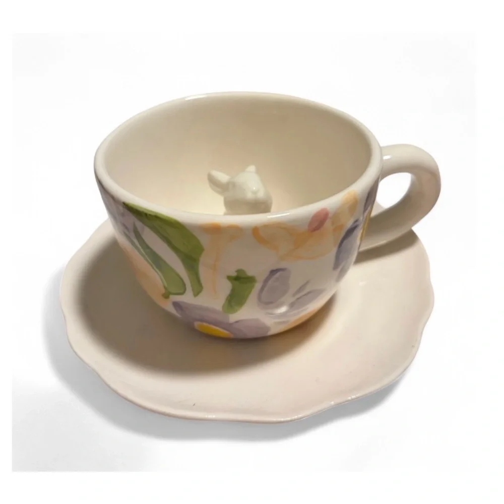 Set Of 3 Threshold Floral Bunny Rabbit Pastel Easter Tea Cup & Saucer Sets